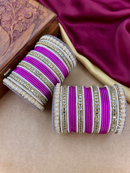 Ishhaara Purple Silk Thread Bangle Set - a pair of intricately designed bangles with purple silk threads and Kundan work - view 28