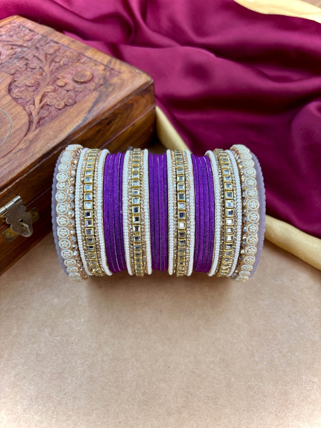 Ishhaara Purple Silk Thread Bangle Set - a pair of intricately designed bangles with purple silk threads and Kundan work - view 3
