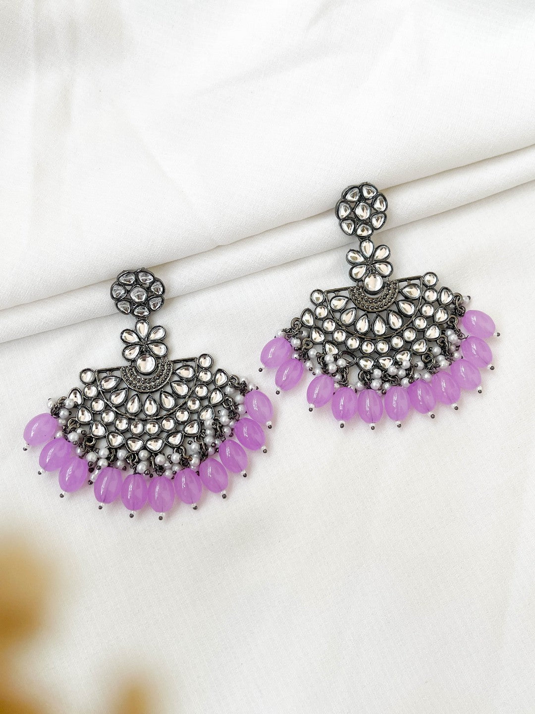 Ishhaara Purple Silver Plated Stone Studded And Beaded Drop Earrings