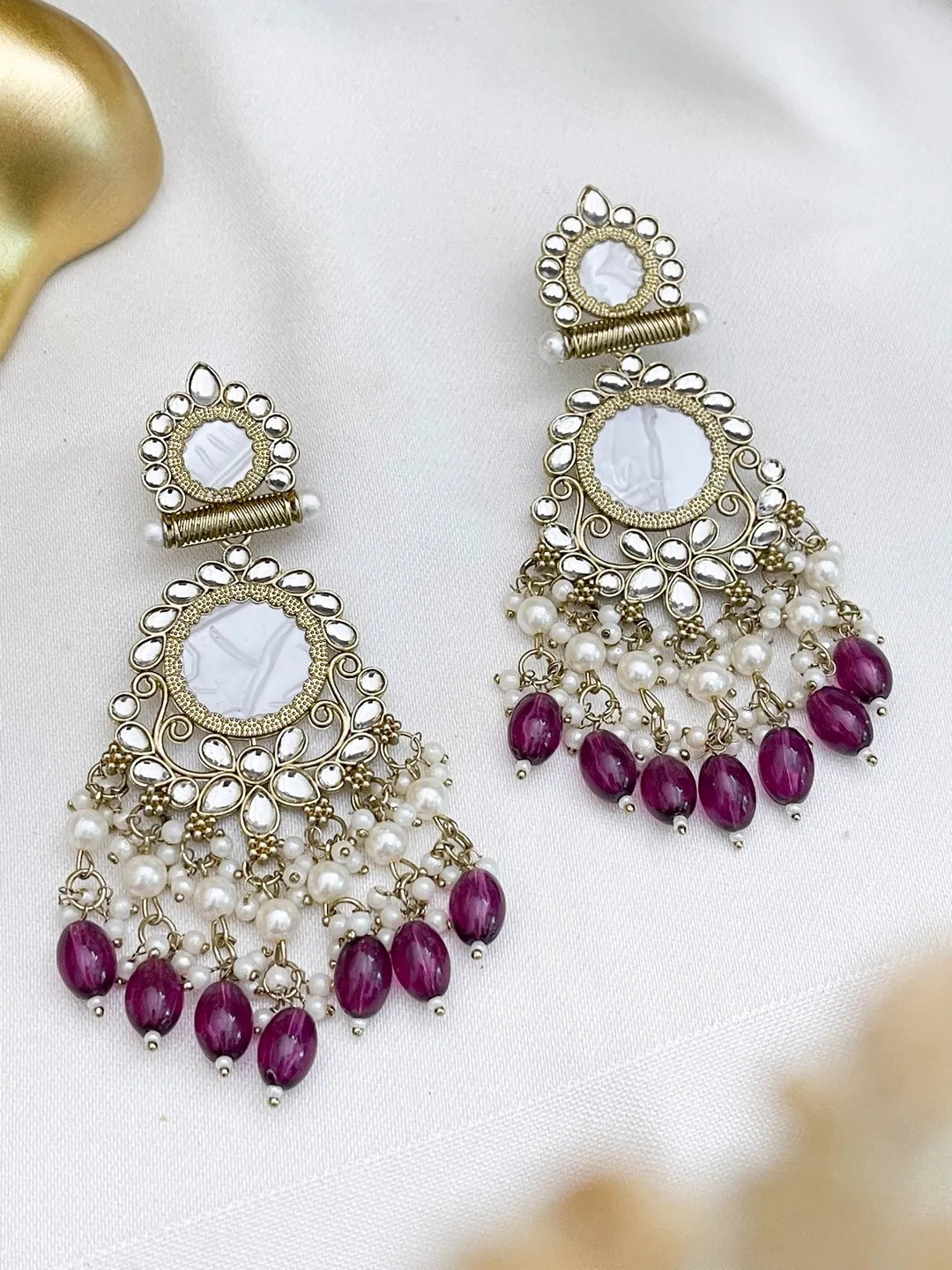 Ishhaara Purple Traditional Kundan And Pearl Drop Earrings