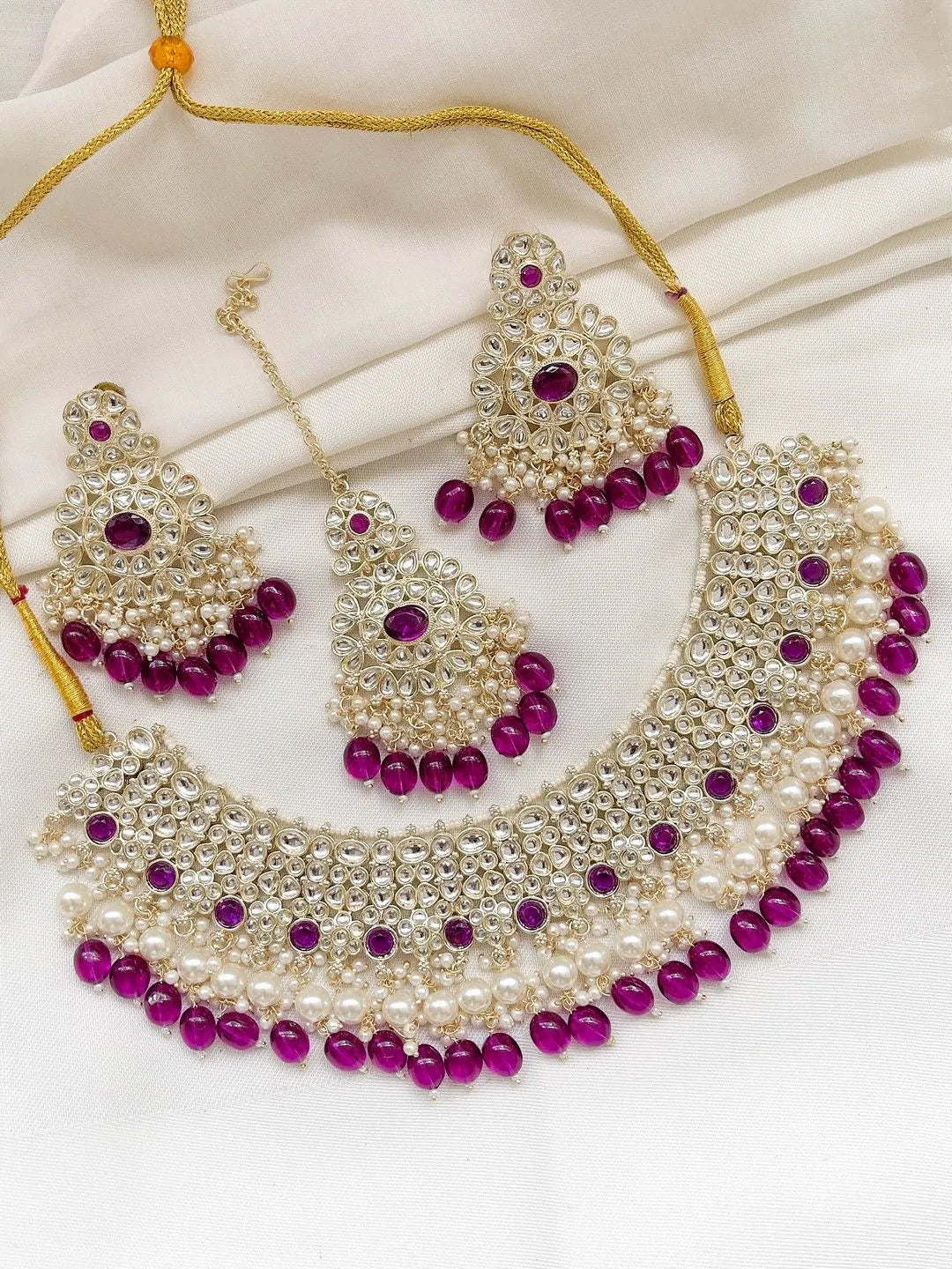 Ishhaara Purple Traditional Kundan Pearl Hanging Choker Necklace