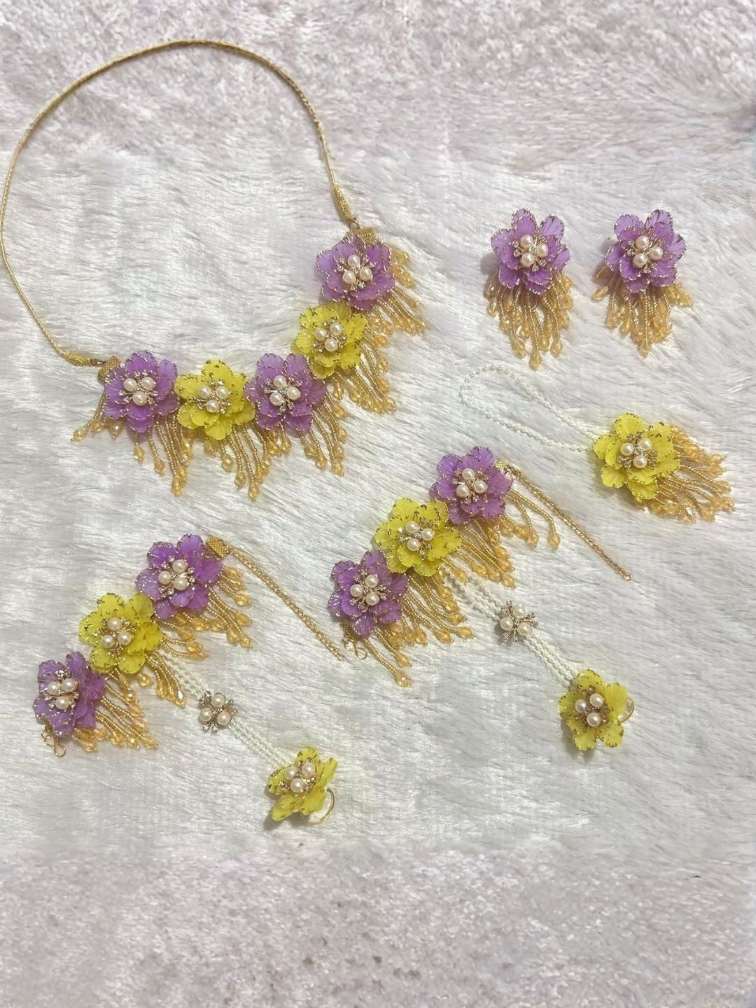 Ishhaara Purple Yellow Floral Choker Jewelry Set - handcrafted Indian jewellery