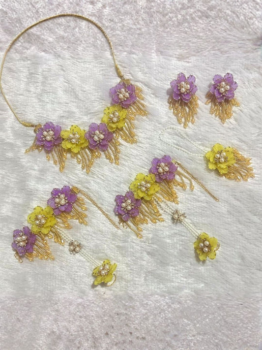 Ishhaara Purple Yellow Floral Choker Jewelry Set - handcrafted Indian jewellery