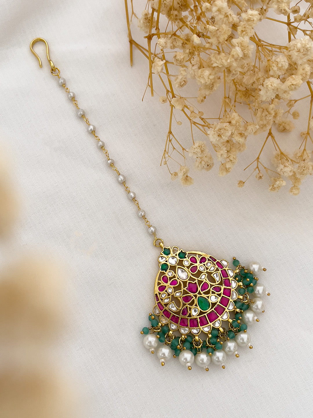 Ishhaara Real Kemp Jadau Kundan Swarovski Pearls Maang Tikka