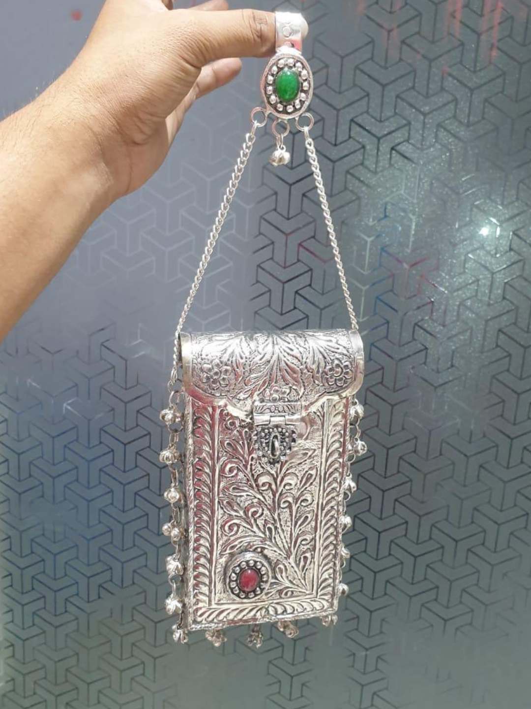 Ishhaara Rectangle Phone Pouch With Detailed Meenakari Design And Silver Dangler