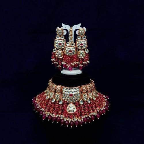Ishhaara Red AD Kundan Rectangular Motif Coral Necklace And Earring Set
