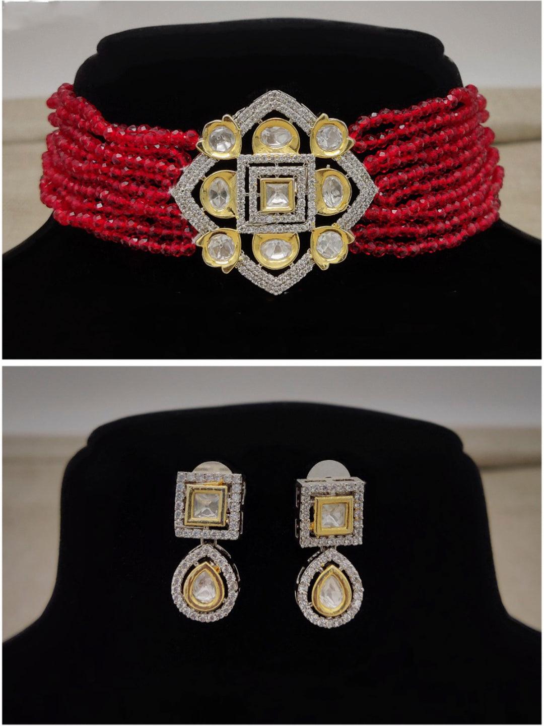 Ishhaara Red Ad Stone Choker Necklace Set