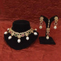 Ishhaara Red And Green Simple Kundan Big Pearl Necklace Earring And Teeka Set