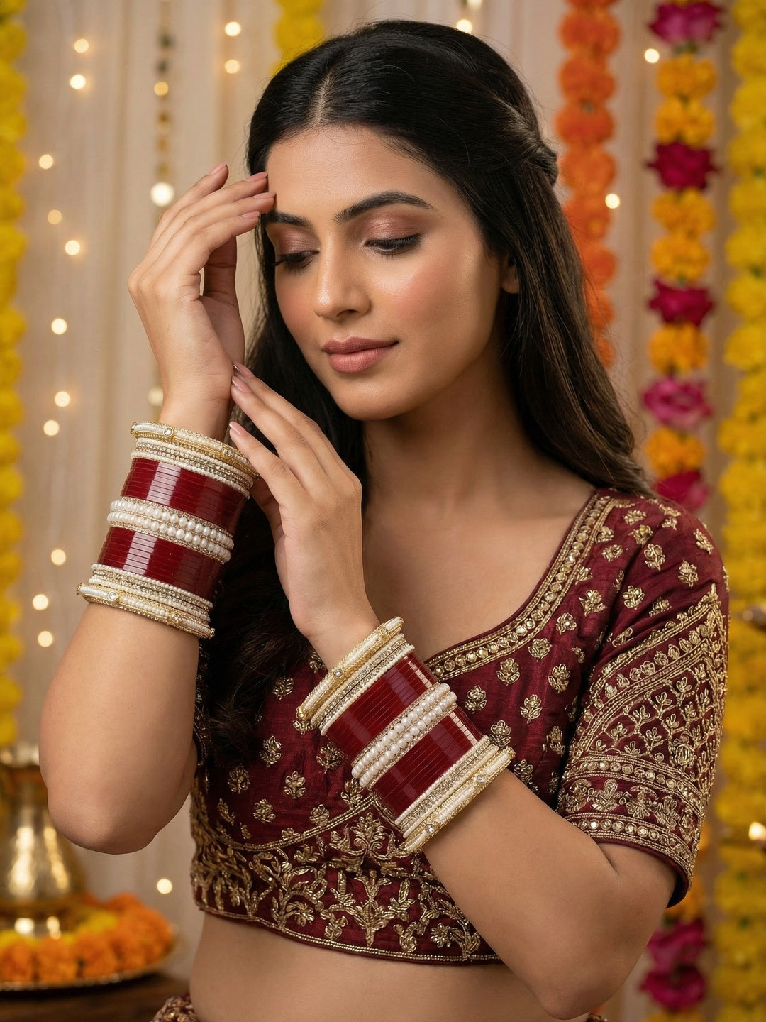 Ishhaara Red and White Bangle Set - A pair of intricately designed red and white bangles with gold accents - view 3