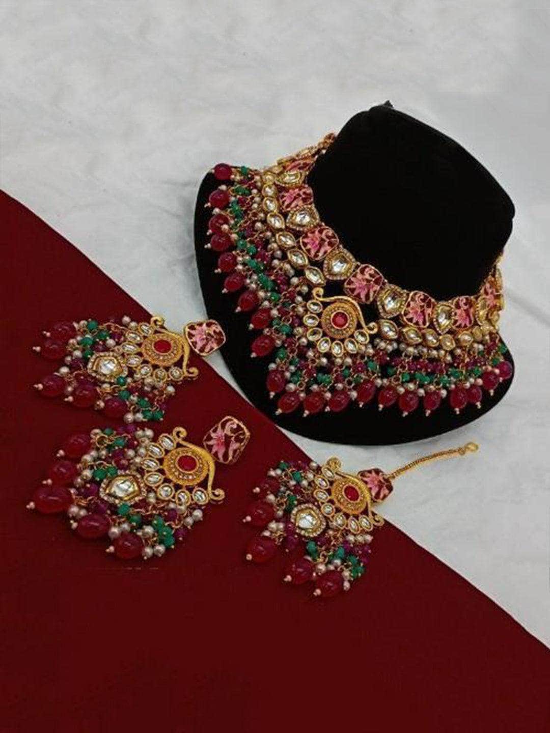 Ishhaara Red Antique Hold Meena Beads Necklace Earring And Teeka Set
