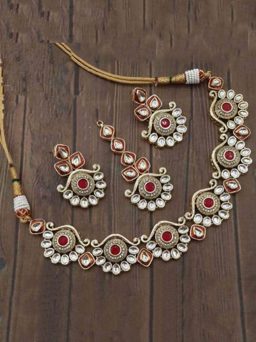 Ishhaara Red Antique Kundan Design Necklace Earring And Teeka Set