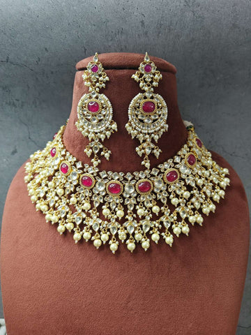 Ishhaara Red Antique Pachi Kundan Studded Bridal Choker Necklace