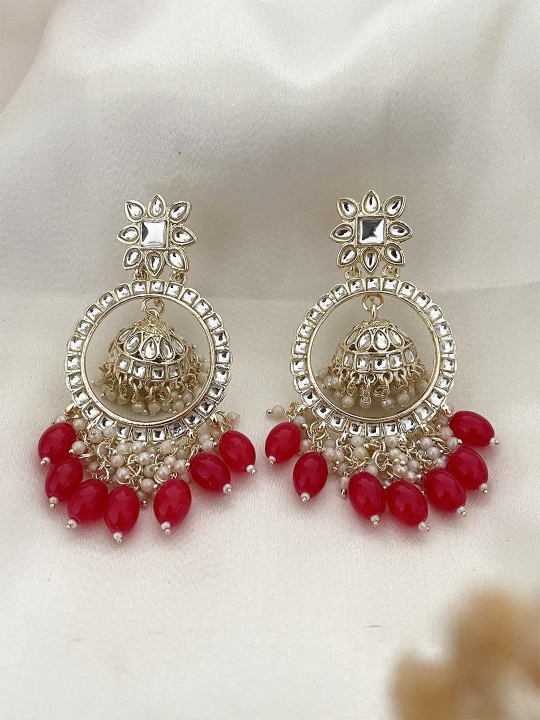 Ishhaara Red Bead Tassel Jhumka Drop Earrings