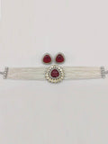 Ishhaara Red Beaded Jewellery Set With Ad Stones