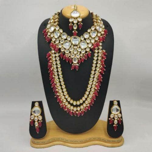 Ishhaara Red Big Kundan Long And Short Necklace Earring And Teeka Set