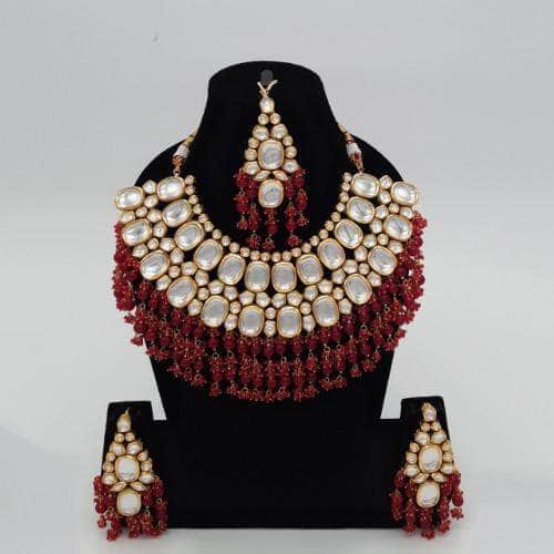 Ishhaara Red Big Kundan Semi Circular Necklace Earring And Teeka Set