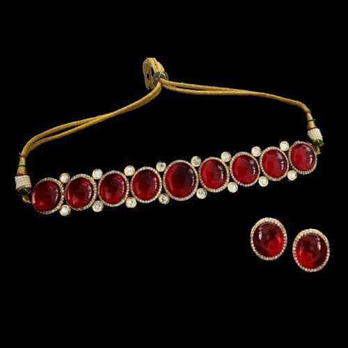 Ishhaara Red Big Stone AD Choker Necklace Set