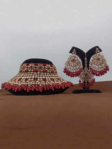 Ishhaara Red Bridal Reverse AD Choker Earring And Teeka Set