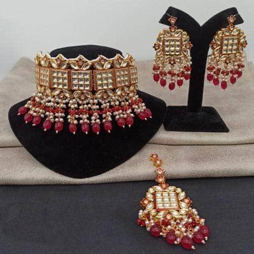 Ishhaara Red Bridal Square Kundan Choker Earring And Teeka Set