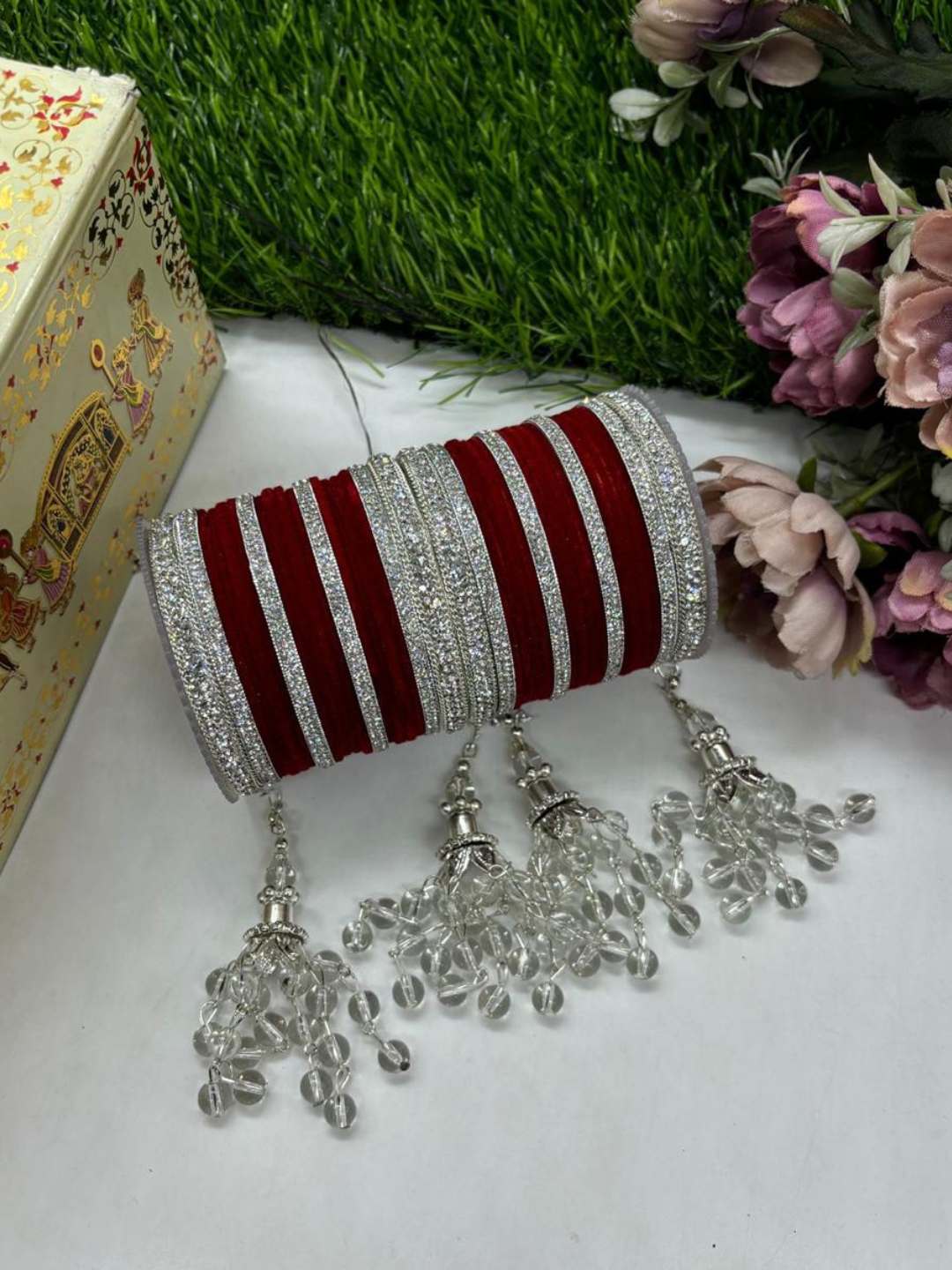 Ishhaara Red Bridal Velvet Metal Bangles