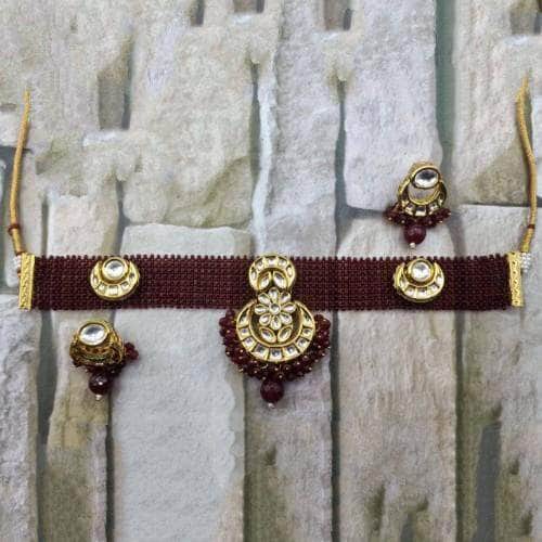 Ishhaara Red Chandbali Jadtar Necklace And Earring Set