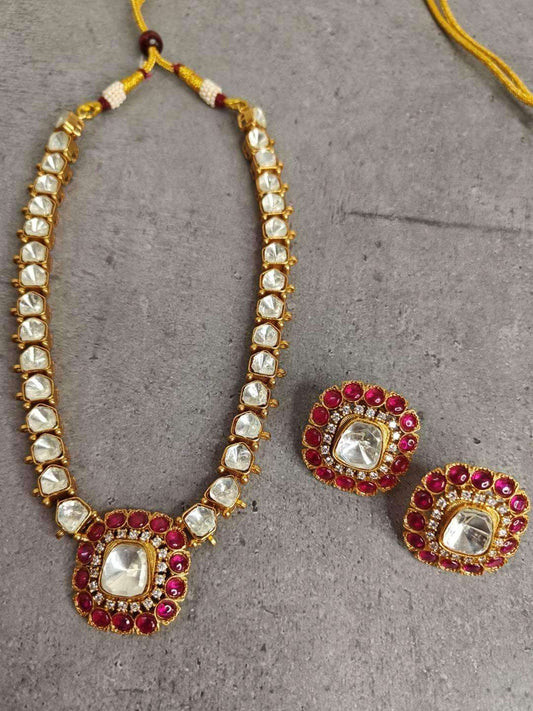 Ishhaara Red Color Kundan Necklace And Earring Set