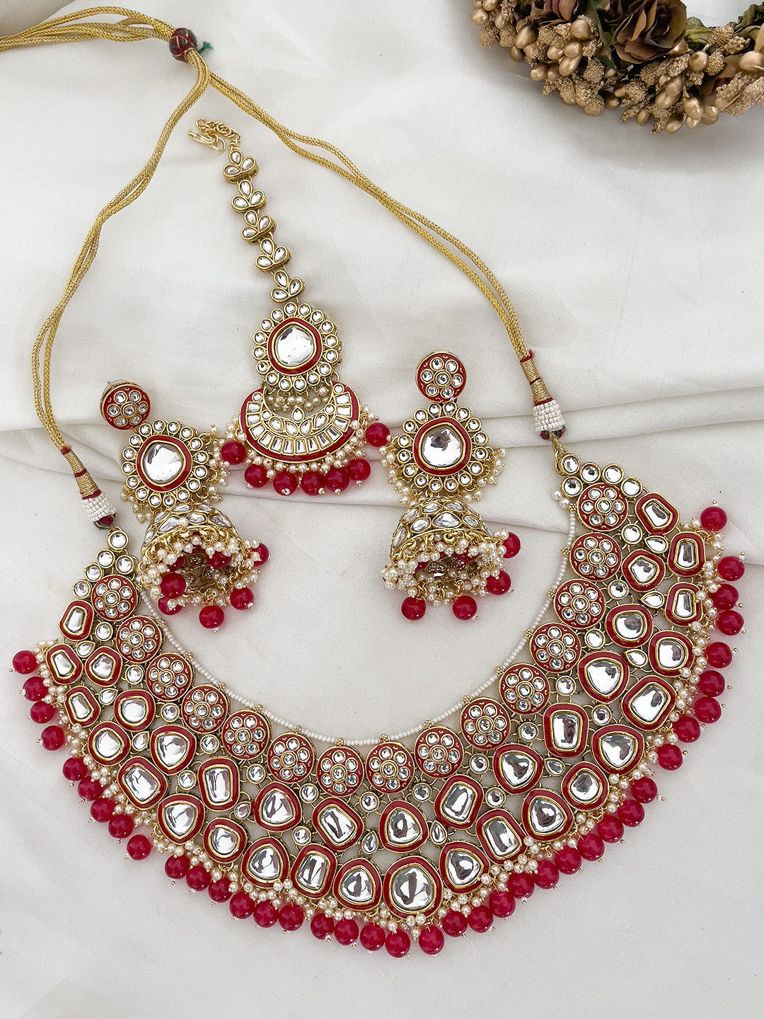 Ishhaara Red Colored Bridal Kundan Necklace Set