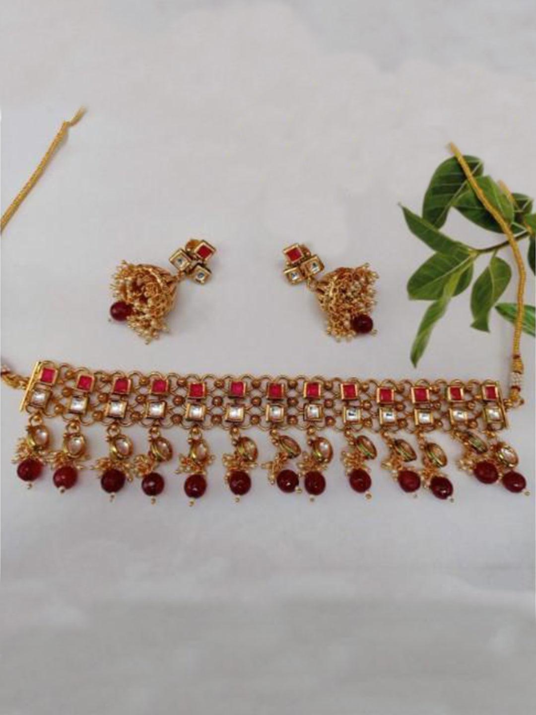 Ishhaara Red Colored Square Design Choker And Earring Set