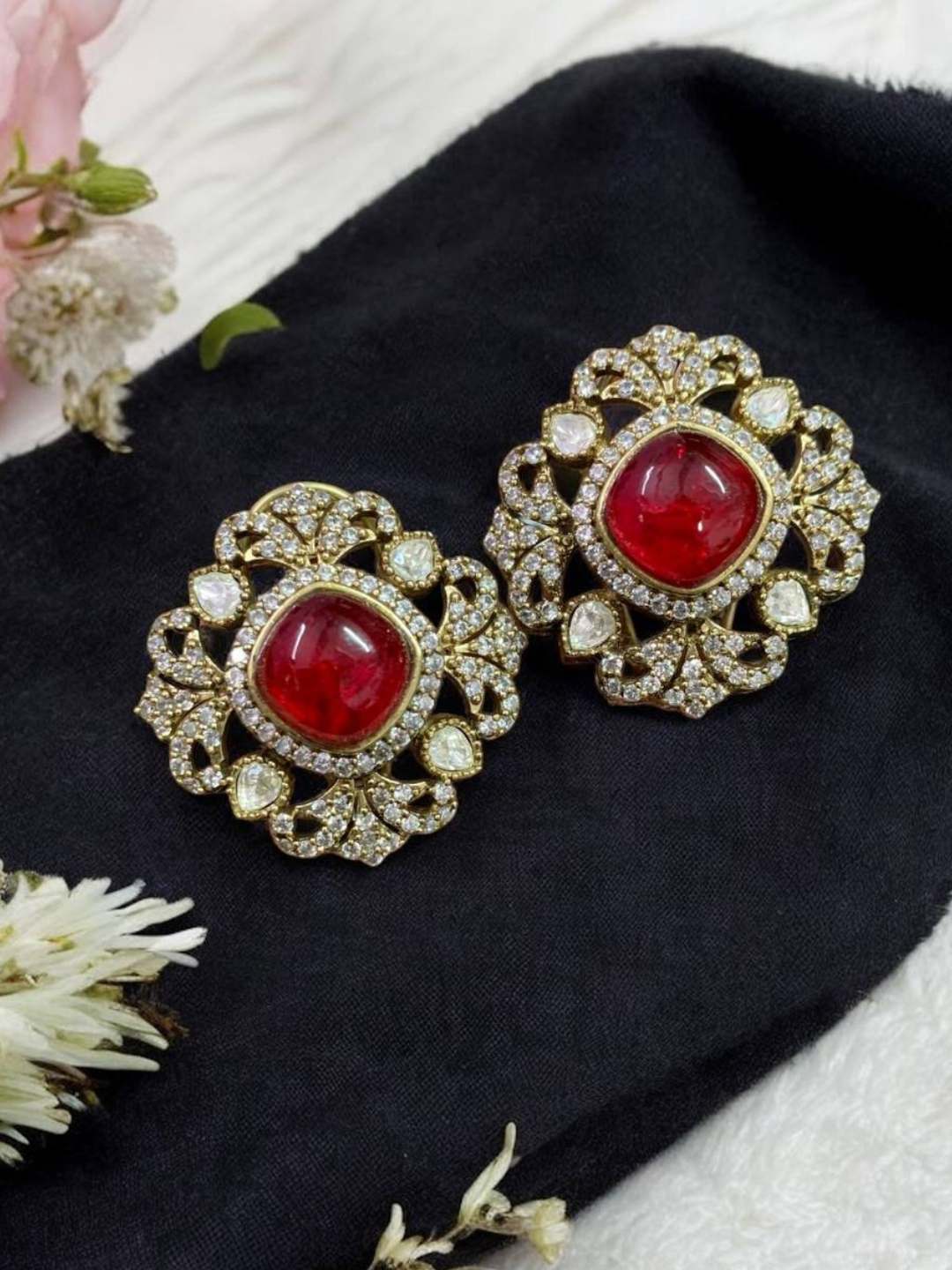 Ishhaara Red Contemporary Stone Studded Studs