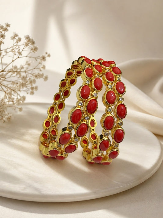 Ishhaara Red Coral Stone Gold Plated Bangles — handcrafted Indian jewellery