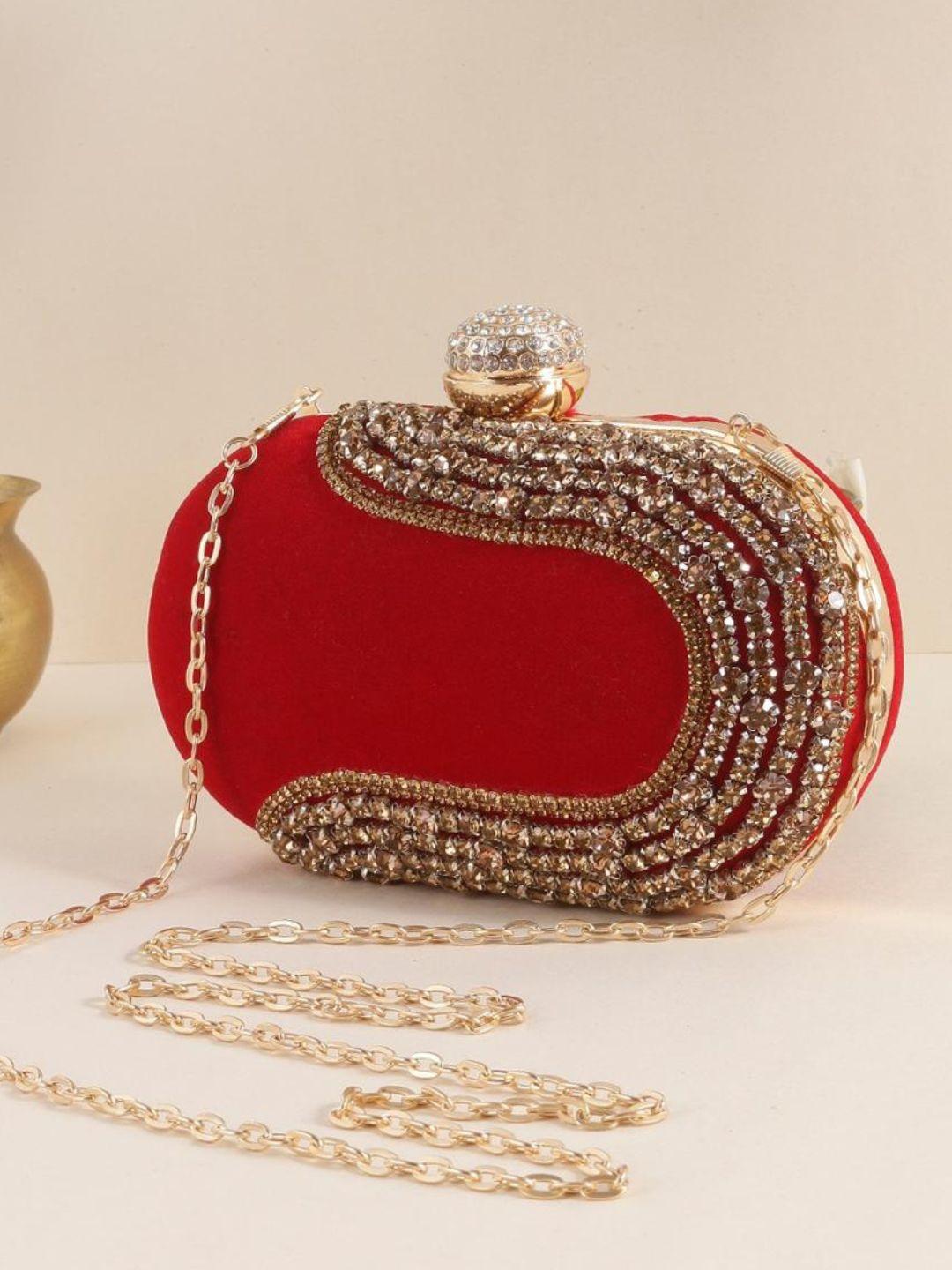 Ishhaara Maroon Crystal Embroidery Oval Clutches