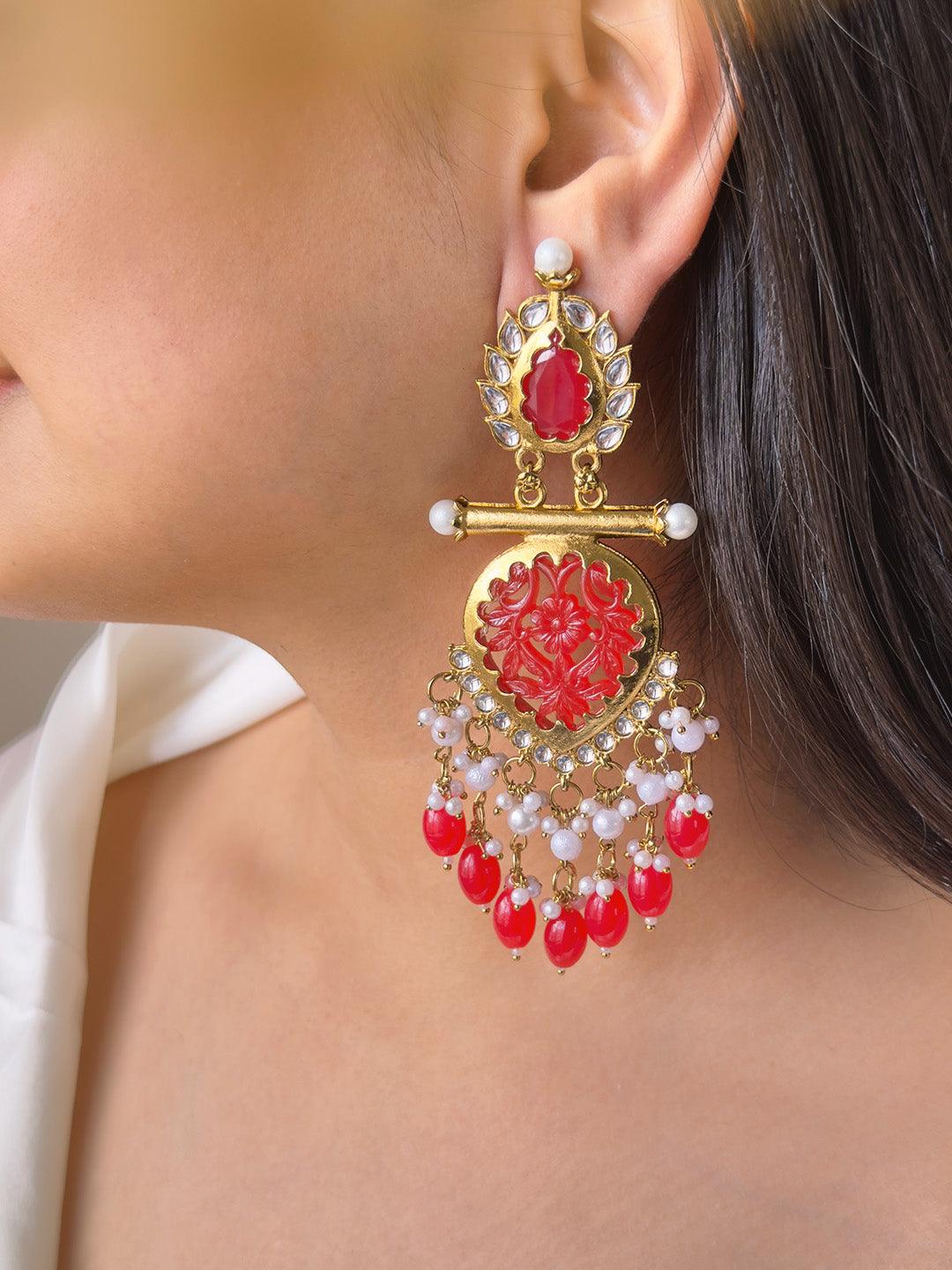 Ishhaara Red Cutwork Chandbali Earrings