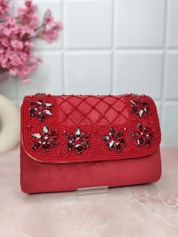 Ishhaara Red Designer Crystals Stone Seude Fabric Clutch Bag 