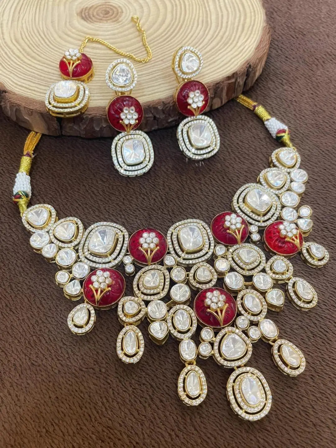 Ishhaara Red Designer Heavy Polki Kundan And Meenakari Necklace Set