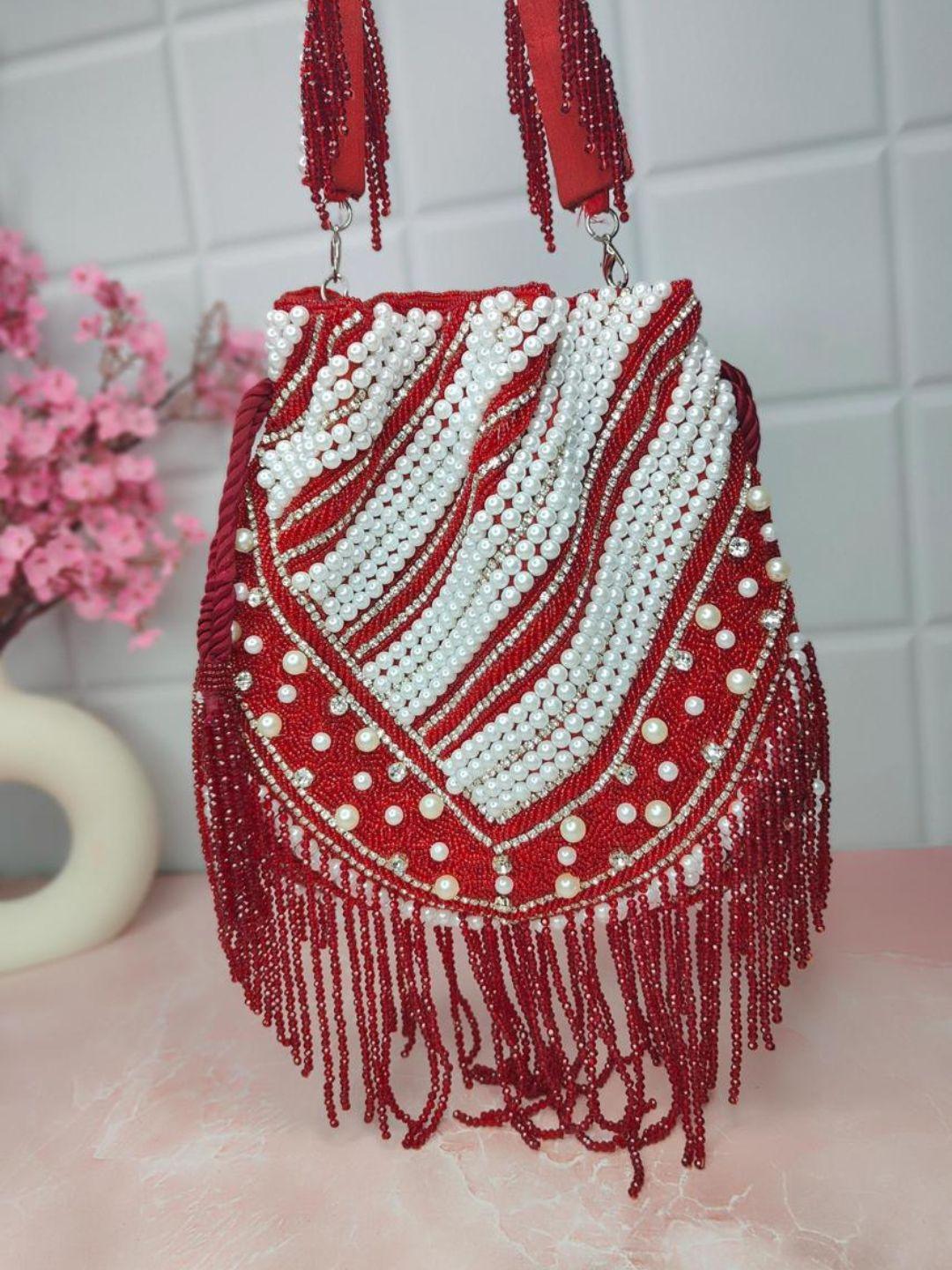 Ishhaara Red Designer Heavy Potli With Pearl N Stone Work