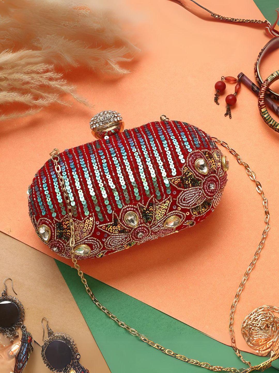 Ishhaara Red Designer Oval Clutch In Sequence And Embroidery Work