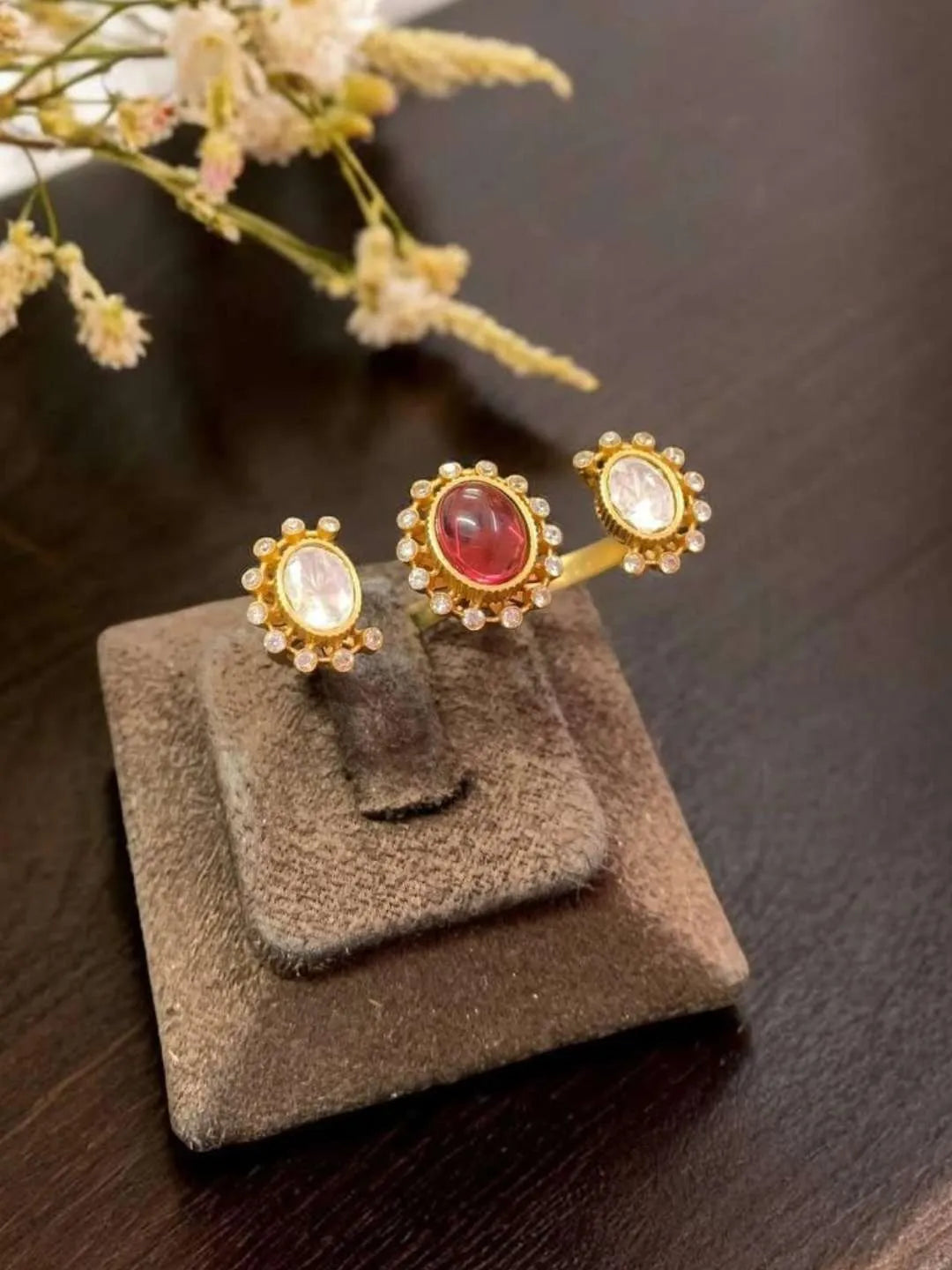 Ishhaara Red Designer Oval Shape Kundan Studded Polki Ring