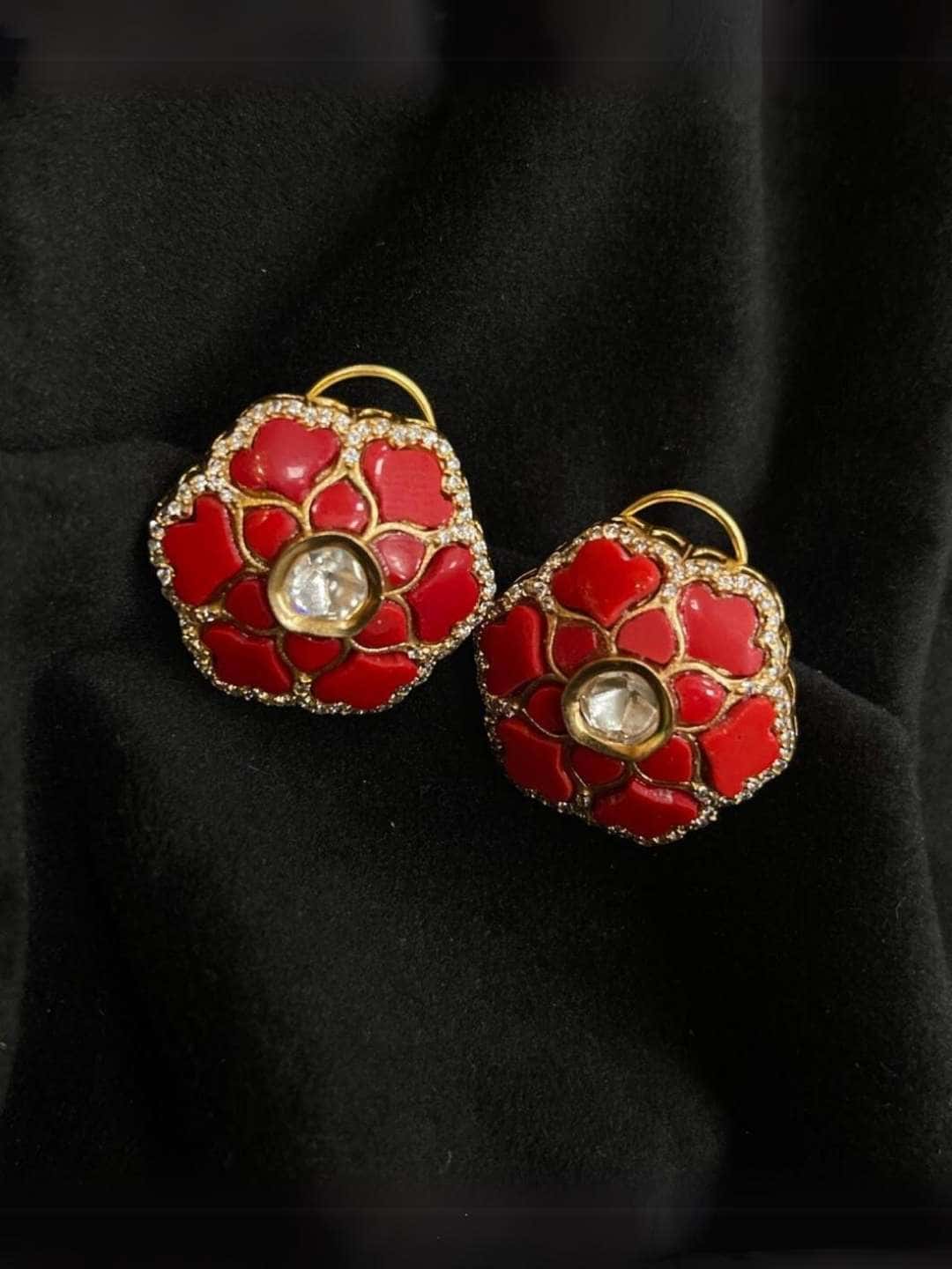 Ishhaara Red Designer Polki Stud Earrings