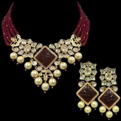 Ishhaara Red Diamond Carded Stone Polki Necklace Set
