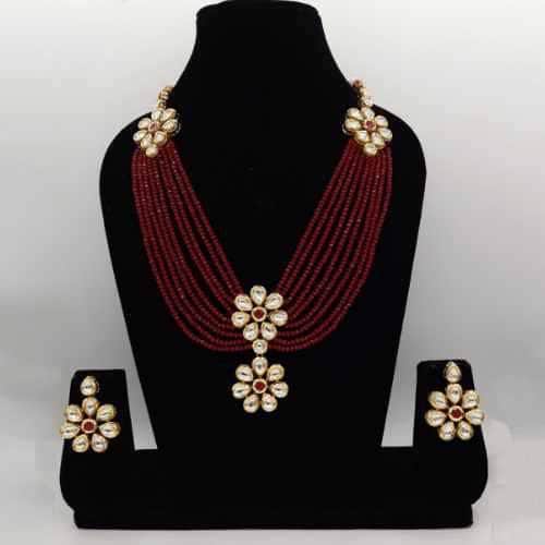 Ishhaara Red Double Flower Motif Onex Necklace Set
