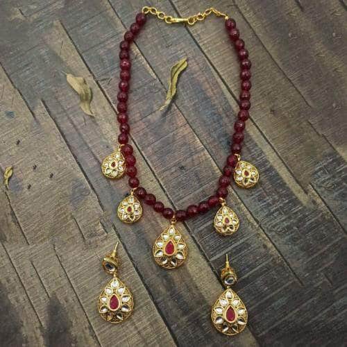 Ishhaara Red Drop Antique Beads Necklace And Earring Set