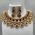 Ishhaara Red Drop Cut Kundan Necklace And Earring Set