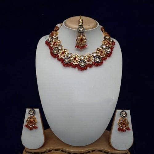 Ishhaara Drop Flower Dual Tonned Necklace Earring And Teeka Set