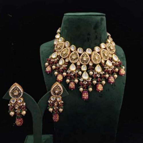 Ishhaara Red Drop Meena Kundan Necklace And Earring Set
