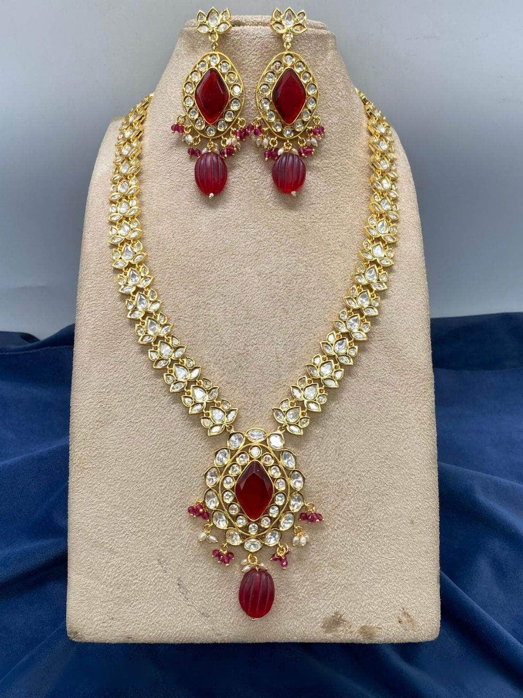 Ishhaara Red Drop Shaped Heavy Kundan Long Necklace Set