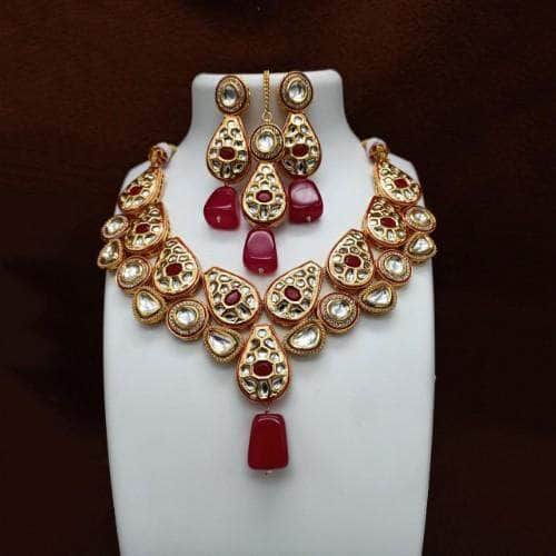 Ishhaara Red Drop Stone Cut Work Necklace And Earring Set