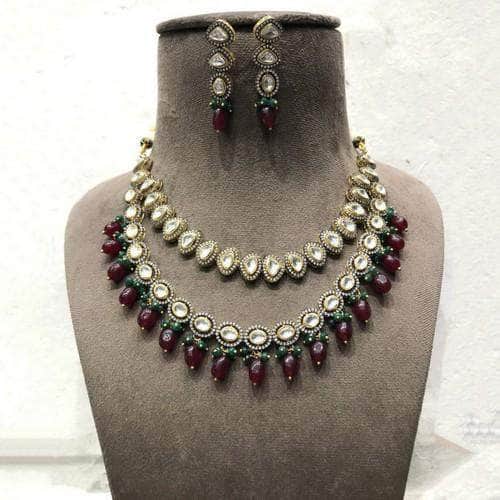 Ishhaara Red Dual Layered AD Victorian Necklace Set