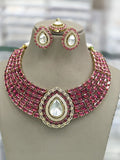 Ishhaara Red Elegant Choker Necklace Set With Teardrop Stone Pendant