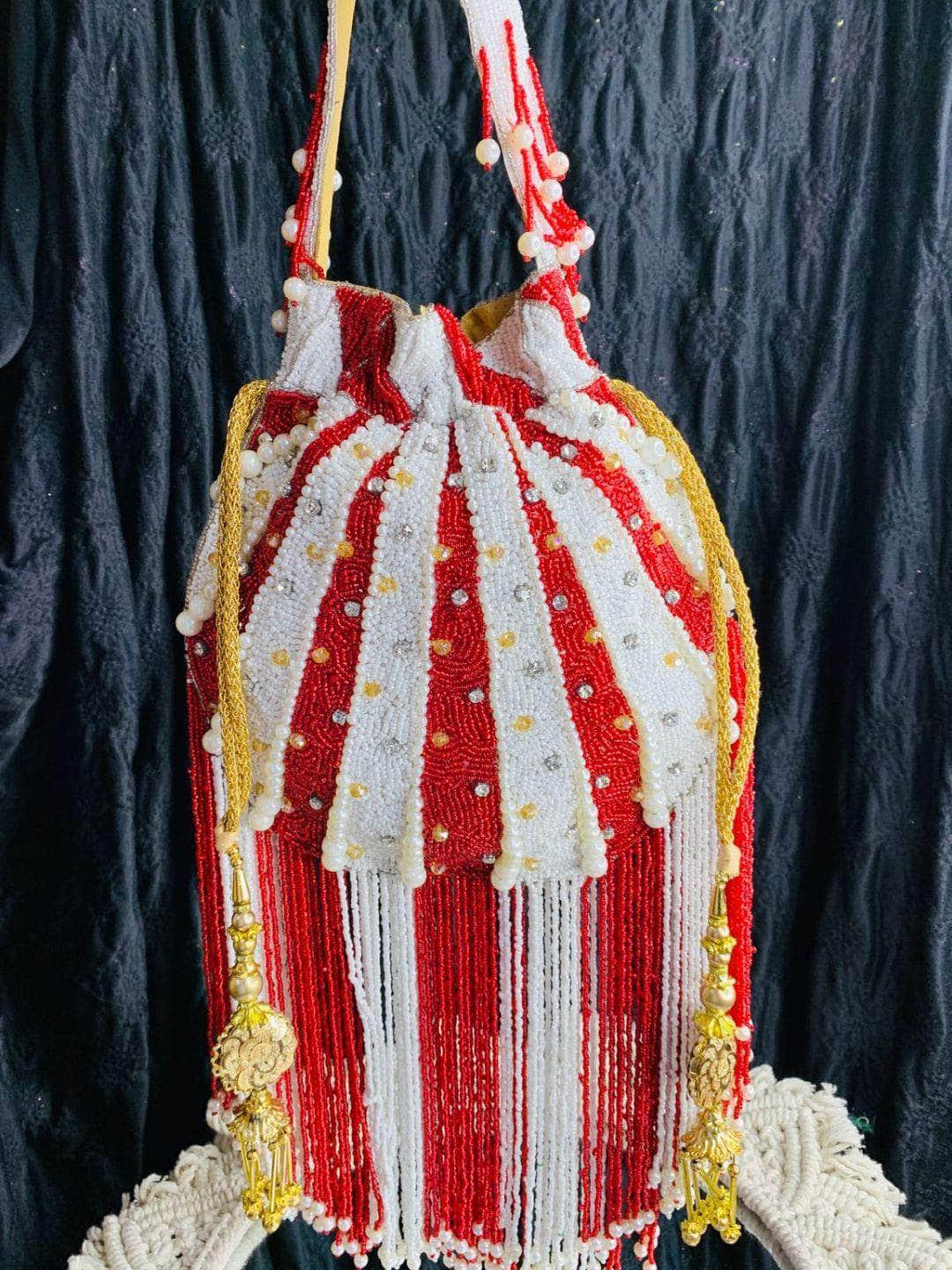 Ishhaara Red Embellished Pearl Potli Bag