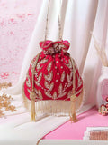 Ishhaara Red Embellished Wristlet With Drawstring Closure